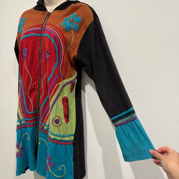 Rising International Long Zip Up Jacket Size L Boho Hippie Floral Patchwork - Picture 2 of 11